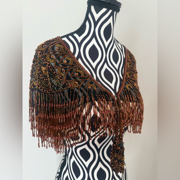 Gorgeous Vintage 70s 80s Sequin & Beaded Art Deco Shawl Capelet Rose Gold Bronze - Picture 3 of 15